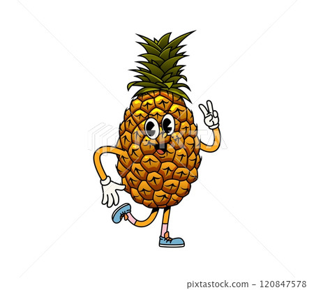 Cartoon groovy pineapple fruit character with happy funky face, vector emoji. Groovy pineapple with cheerful smile, freaky silly emotion of hippie peace sign or Hi gesture as retro cartoon character 120847578