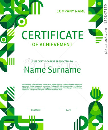 Environment ecology theme, certificate of achievement template with green geometric pattern. Earth day award certificate vector template, achievement diploma or voucher with green abstract pattern 120847579