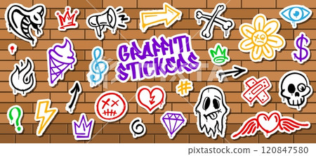 Stickers pack of grunge street art graffiti ink spray paint. Street spray graffiti symbols vector stickers. Hip Hop culture spray paint snake, loudspeaker, ice cream and ghost, skull, crown wall tags 120847580