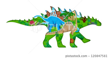 Prehistoric paper cut dinosaur lizard silhouette with Jurassic dino characters, vector banner. Prehistoric funny cartoon dinosaur papercut with Jurassic era giant lizards forest for kids paleontology 120847581