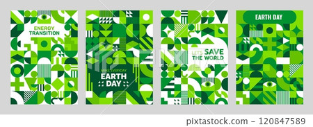Earth day environment and ecology posters with green modern abstract geometric pattern. Green energy and clean environment leaflet vector page or poster with abstract minimalism pattern background 120847589