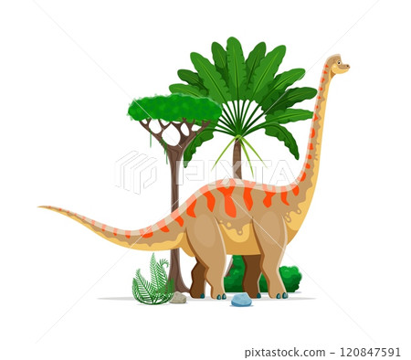 Brachiosaurus prehistoric dinosaur character. Late Jurassic paleontology era lizard. Isolated cartoon vector ancient herbivore sauropod reptile animal in natural environment with rock, trees and ferns 120847591