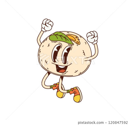 Cartoon retro groovy japanese namagashi dessert character cheerfully jumping. Vector charming confection personage. Funny and happy traditional japan sweets rejoice with playful smile and raised hands 120847592