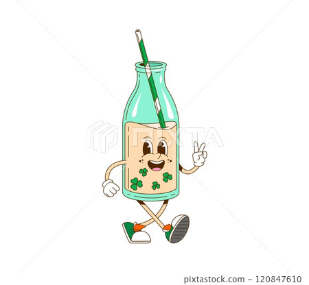 Cartoon retro groovy St Patrick day bubble tea character for Irish holiday, vector funny face. Groovy cartoon bubble tea bottle with shamrock clover and happy smiling face for St Patrick Day character 120847610