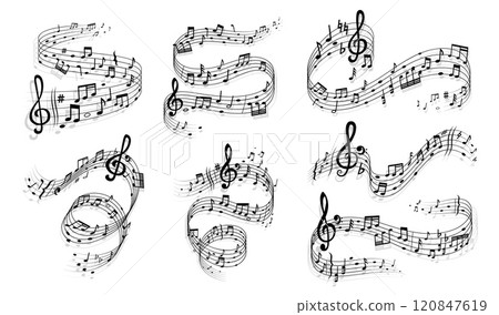 Song waves with music notes, symbols and signs. Vector swirls, waves and curves of abstract sheet music staves, treble and bass clefs, keys, rests and bar lines. Musical notation marks set 120847619