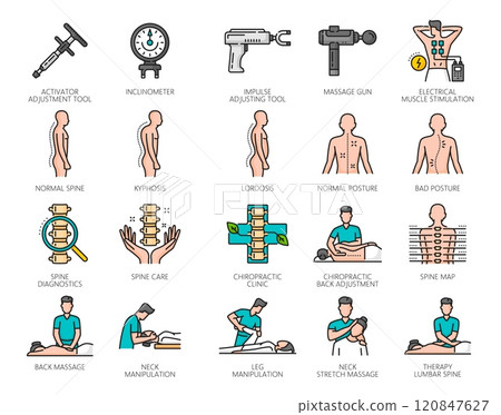 Chiropractic medicine line icons. Vector physiotherapy, osteopathy and rehabilitation therapy treatment outline symbols set of chiropractor doing massage, neck, back and spine chiropractic adjustments Chiropractic medicine line icons. Vector physiotherapy, osteopathy and rehabilitation therapy treatment outline symbols set of chiropractor doing massage, neck, back and spine chiropractic adjustments 120847627