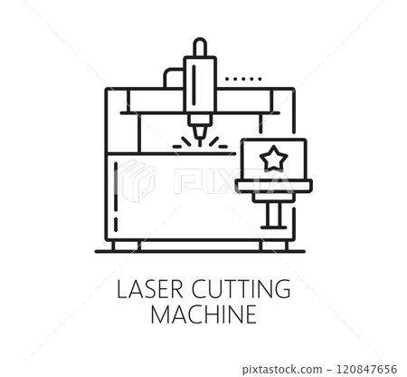 Laser cutting machine production equipment line icon. CNC cutting metalwork industry outline icon, laser marking production technology or steel etching manufacture equipment line vector symbol 120847656