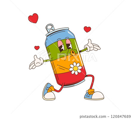 Cartoon retro groovy cola drink character in love. Vector soda tin can personage wearing trendy sneakers kneeling with kissing face and surrounded with hearts. Beverage exudes nostalgic hippie vibes 120847689