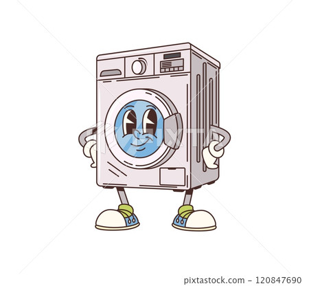Cartoon groovy washing machine, cleaning and household character standing with arms akimbo, expressing friendliness and playfulness. Isolated vector electric appliance retro personage ready for chores 120847690