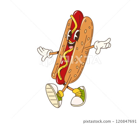 Cartoon retro groovy fast food hot dog character. Isolated vector tasty hotdog fastfood personage wearing cool vintage sneakers with a funky, hippie vibe, featuring charming smile and mustard drizzle 120847691
