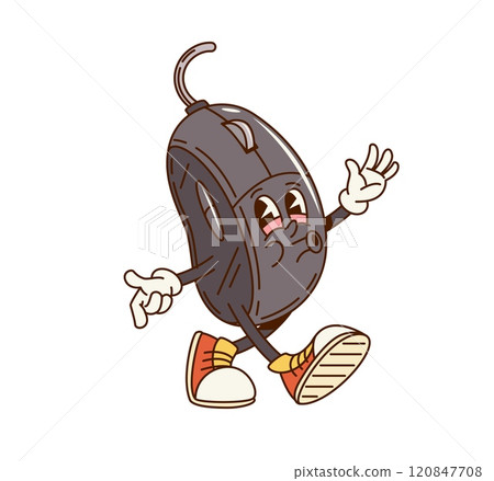 Groovy computer mouse character in retro cartoon, vector comic personage. Groovy funky computer mouse with funny face walking and whistling or singing melody for digital hardware cartoon character 120847708