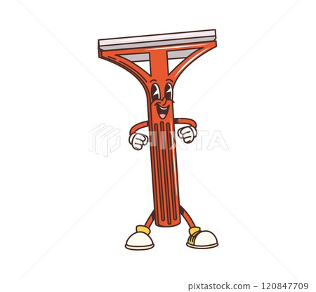 Cartoon squeegee groovy cleaning, washing, household character exuding energy and enthusiasm. Isolated vector retro housekeeping tool personage conveying cleanliness and fun, hygiene and home chores 120847709