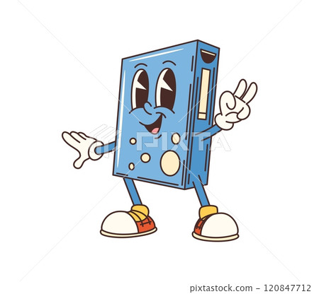 Cartoon groovy box of laundry detergent, cleaning and washing character happily posing with a peace sign and cheerful smile. Isolated vector fun personage wearing sneakers, ready for household chores Cartoon groovy box of laundry detergent, cleaning and washing character happily posing with a peace sign and cheerful smile. Isolated vector fun personage wearing sneakers, ready for household chores 120847712