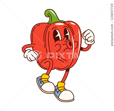 Groovy bell pepper vegetable character jogging. Cartoon vector fun and lively fresh veg personage with expressive eyes, and sports sneakers, promoting healthy eating and playful nutrition for kid menu Groovy bell pepper vegetable character jogging. Cartoon vector fun and lively fresh veg personage with expressive eyes, and sports sneakers, promoting healthy eating and playful nutrition for kid menu 120847729