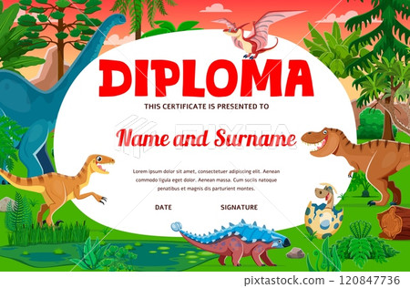 Kids diploma with funny prehistoric dinosaurs, jungle forest and mountains cartoon background frame. Vector certificate, diploma, award or prize of achievement with dinosaurs and baby dino in egg 120847736