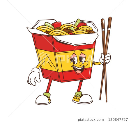 Cartoon retro groovy wok noodles fast food character with funny face, vector emoji. Groovy Asian noodles box with happy smile and chopsticks for fast food cartoon funky hipster character or menu Cartoon retro groovy wok noodles fast food character with funny face, vector emoji. Groovy Asian noodles box with happy smile and chopsticks for fast food cartoon funky hipster character or menu 120847737