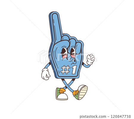 Cartoon retro groovy sport fan glove character. Vector foam finger personage with the number one fan status, dances energetically and has a fun, nostalgic 70s vibe, exuding excitement and team spirit Cartoon retro groovy sport fan glove character. Vector foam finger personage with the number one fan status, dances energetically and has a fun, nostalgic 70s vibe, exuding excitement and team spirit 120847738