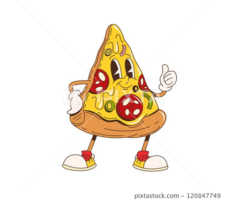 Cartoon retro groovy fast food pizza slice character. Isolated vector food personage with pepperoni topping, sneakers and funky cheesy smile, showing thumbs up gesture, brings flavor and fun to party 120847749