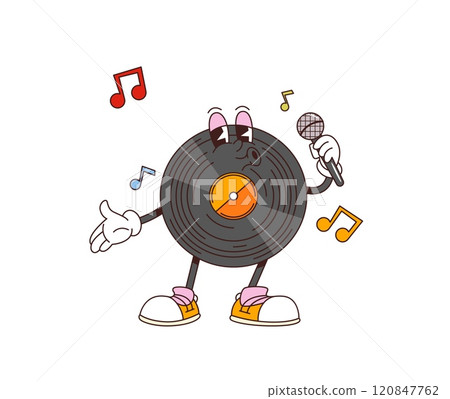 Cartoon retro groovy vinyl record character sings passionately with microphone and funky melody notes flying around, embodying soulful vibe of classic music. Isolated vector vintage musical personage Cartoon retro groovy vinyl record character sings passionately with microphone and funky melody notes flying around, embodying soulful vibe of classic music. Isolated vector vintage musical personage 120847762