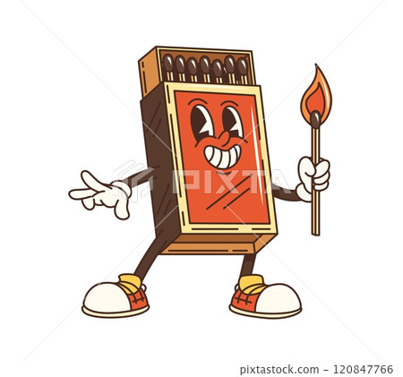 Cartoon groovy matchbox character with funny face, vector travel comic emoji. Groovy matchbox with burning match and happy funky smile for camping and hiking tourism retro cartoon character Cartoon groovy matchbox character with funny face, vector travel comic emoji. Groovy matchbox with burning match and happy funky smile for camping and hiking tourism retro cartoon character 120847766