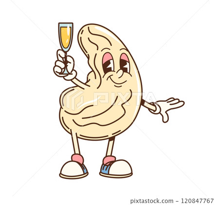 Cartoon groovy cashew nut character smiling joyfully while holding a glass of champagne. Isolated vector funky and playful cashew kernel retro personage with happy expression celebrating party event Cartoon groovy cashew nut character smiling joyfully while holding a glass of champagne. Isolated vector funky and playful cashew kernel retro personage with happy expression celebrating party event 120847767