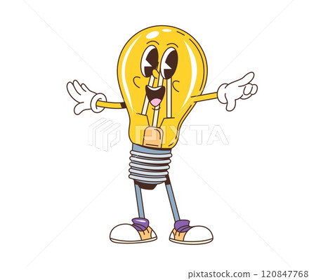 Cartoon retro groovy light bulb character. Isolated vector playful yellow lamp personage with vintage sneakers and outstretched hands, embodying bright idea, creativity and cheerful y2k hippie energy Cartoon retro groovy light bulb character. Isolated vector playful yellow lamp personage with vintage sneakers and outstretched hands, embodying bright idea, creativity and cheerful y2k hippie energy 120847768