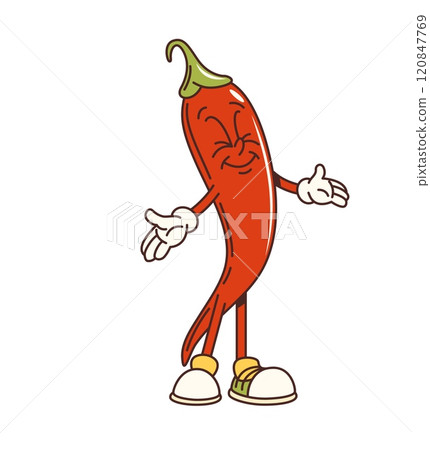 Cartoon groovy red chili pepper vegetable character with funny face, vector retro comic. Groovy chili pepper with happy smile and funky cute face for vegetable emoji or retro cartoon character Cartoon groovy red chili pepper vegetable character with funny face, vector retro comic. Groovy chili pepper with happy smile and funky cute face for vegetable emoji or retro cartoon character 120847769