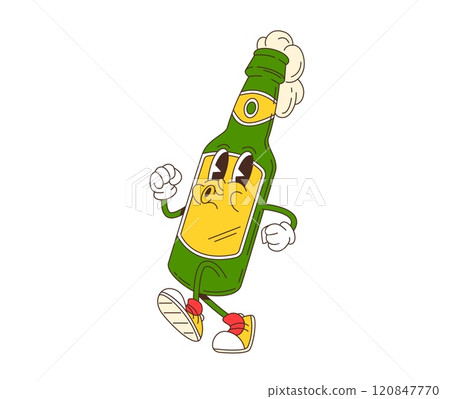 Cartoon retro groovy beer bottle character. Isolated vector lively glass flask with foamy drink and carefree mood, exuding a funky vibe. Funny alcohol drink personage radiates joy and playful spirit 120847770