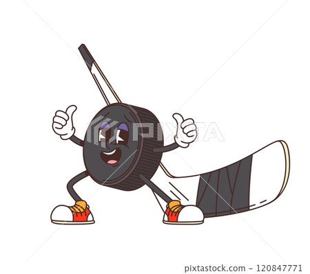 Cartoon retro groovy ice hockey stick and puck character giving a thumbs up. Isolated vector funky sports gear personage exudes excitement and energetic positivity, capturing joyful y2k enthusiasm Cartoon retro groovy ice hockey stick and puck character giving a thumbs up. Isolated vector funky sports gear personage exudes excitement and energetic positivity, capturing joyful y2k enthusiasm 120847771