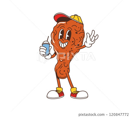 Groovy retro cartoon chicken leg or fast food character, vector comic emoji. Groovy grill chicken leg with happy smile, funny face and drinking soda with cool gesture for fast food cartoon character Groovy retro cartoon chicken leg or fast food character, vector comic emoji. Groovy grill chicken leg with happy smile, funny face and drinking soda with cool gesture for fast food cartoon character 120847772