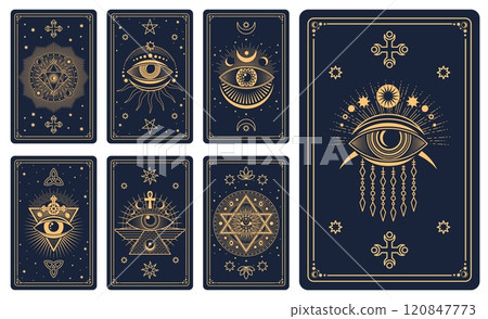 Magic occult tarot cards with astrological, mystical symbols, esoteric golden signs of sun, pyramid, cross, all-seeing eye, stars and celestial patterns. Vector boho style witchcraft, spiritual cards 120847773