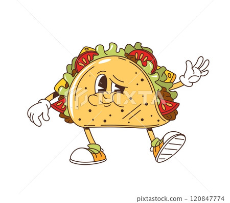 Cartoon groovy retro tacos character or fast food emoji, comic vector. Groovy taco with happy smile and funny face waving Hello or Hi gesture for Mexican cuisine and fast food funky cartoon character 120847774