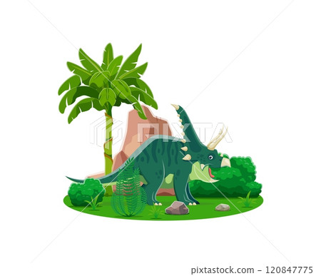 Cartoon chasmosaurus prehistoric dinosaur character. Cute jurassic dino with happy smile and funny horns vector personage. Prehistoric extinct herbivore lizard animal with jungle palm tree and plants 120847775