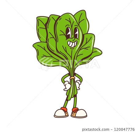 Cartoon groovy green spinach vegetable character with funny face, vector retro comic. Groovy spinach with happy smile and funky cute face for cheerful vegetable emoji or retro cartoon character 120847776
