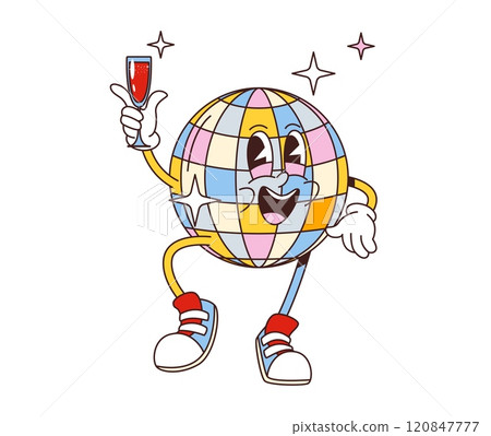 Cartoon retro groovy disco ball character. Isolated vector vibrant personage holding a cocktail glass, light up dance floor, exuding cool vibes and glowing with its shimmering facets during party 120847777