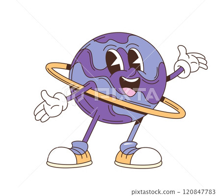Cartoon retro groovy galaxy planet character. Isolated vector cheerful Saturn space personage with a wide smile, waving joyfully. Purple sphere circled by a ring, wearing trendy hippie sneakers Cartoon retro groovy galaxy planet character. Isolated vector cheerful Saturn space personage with a wide smile, waving joyfully. Purple sphere circled by a ring, wearing trendy hippie sneakers 120847783