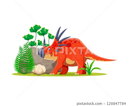 Cartoon prehistoric styracosaurus dinosaur character. Isolated vector triceratops-like dino with red spotted skin and horns, stands at lush Jurassic era landscape with ferns, rocks and green plants 120847784