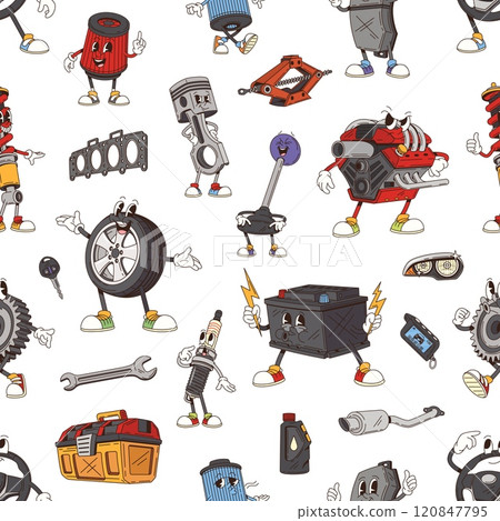 Groovy spare part and tool character seamless pattern. Fabric print pattern with auto spare parts. Seamless backdrop with vehicle engine, battery and wheel, gasket, spark plug groovy characters 120847795