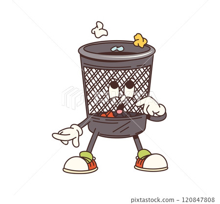Cartoon groovy trash bin cleaning, washing and household character with playful expression, wearing sneakers and filled with crumpled paper and debris. Playful and cute retro wastes bucket personage Cartoon groovy trash bin cleaning, washing and household character with playful expression, wearing sneakers and filled with crumpled paper and debris. Playful and cute retro wastes bucket personage 120847808