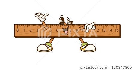 Groovy ruler school education and stationery character. Isolated cartoon vector cheerful and funny retro measuring tool with a smiling face. Joyful y2k personage, ready to measure and educate students 120847809