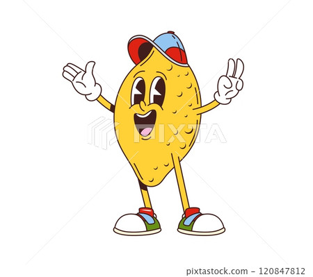 Cartoon retro groovy lemon fruit character with funny face, vector comic emoji. Groovy lemon with funky happy smile in hipster or hippie summer hat and peace sign gesture for retro cartoon character 120847812