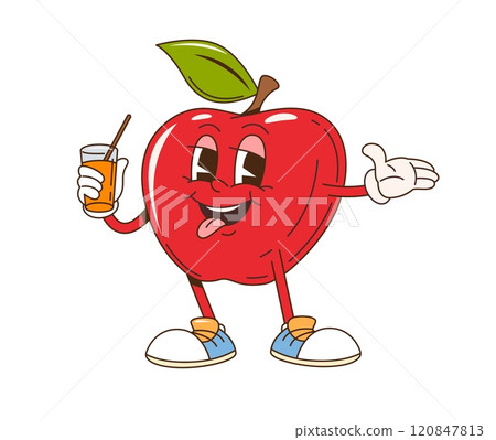 Cartoon retro groovy red apple character with funny face, vector fruit emoji. Groovy apple with happy smile and yummy tongue out drinking fruit juice from glass and straw for fruit cartoon character Cartoon retro groovy red apple character with funny face, vector fruit emoji. Groovy apple with happy smile and yummy tongue out drinking fruit juice from glass and straw for fruit cartoon character 120847813