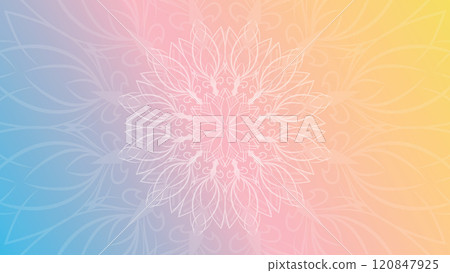 Round mandala on colorfull gradient background. Translucent mesh pattern in the form of a mandala. 120847925
