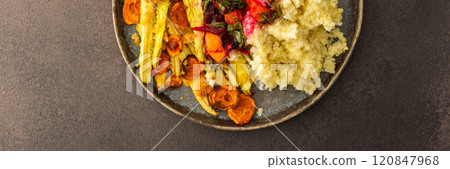Delight in a flavorful vegetarian lunch or breakfast with millet, roasted zucchini and carrots, a fresh salad with seasonal vegetables and herbs, banner Delight in a flavorful vegetarian lunch or breakfast with millet, roasted zucchini and carrots, a fresh salad with seasonal vegetables and herbs, banner 120847968