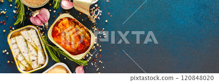 A top view of open tin cans with canned tuna, mackerel, shrimp, sardine, tuna, Cod liver, surrounded by spices and herbs on a blue background, banner A top view of open tin cans with canned tuna, mackerel, shrimp, sardine, tuna, Cod liver, surrounded by spices and herbs on a blue background, banner 120848020
