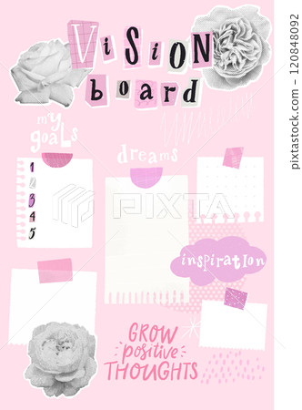Vision board vertical poster, trendy collage mixof flowers and scrapbooking paper pieces, taped notes and inspirational quote 120848092