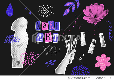 Make art collage vision board, hand holding brushes, oil paint tubes, elegant statue halftone figure. Hand drawn doodles and cutouts on black background 120848097
