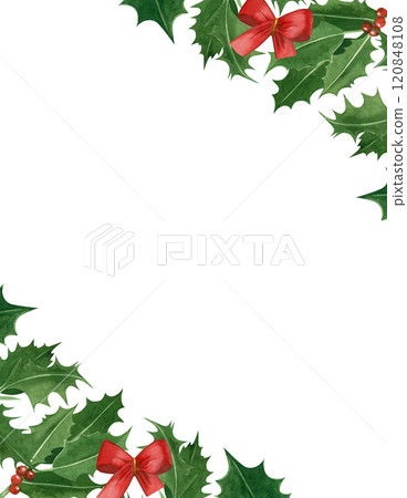 Christmas card made of holly leaves with red berries and a red festive bow. All objects are hand painted with watercolors. Watercolor card. Suitable for printing on card and invitation paper. Christmas card made of holly leaves with red berries and a red festive bow. All objects are hand painted with watercolors. Watercolor card. Suitable for printing on card and invitation paper. 120848108