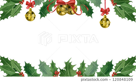 Rectangular Christmas card with green holly leaves and red berries, golden bells with red bows. Watercolor illustration. For printing on cards, invitations. Rectangular Christmas card with green holly leaves and red berries, golden bells with red bows. Watercolor illustration. For printing on cards, invitations. 120848109
