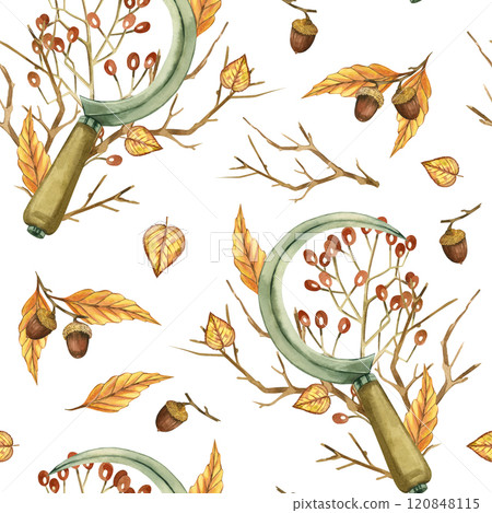 Sickle, viburnum, bare tree branches, acorns, autumn leaves on a white background. All objects are hand-drawn with watercolors, seamless pattern. For printing on fabric, textiles, notebook covers. 120848115